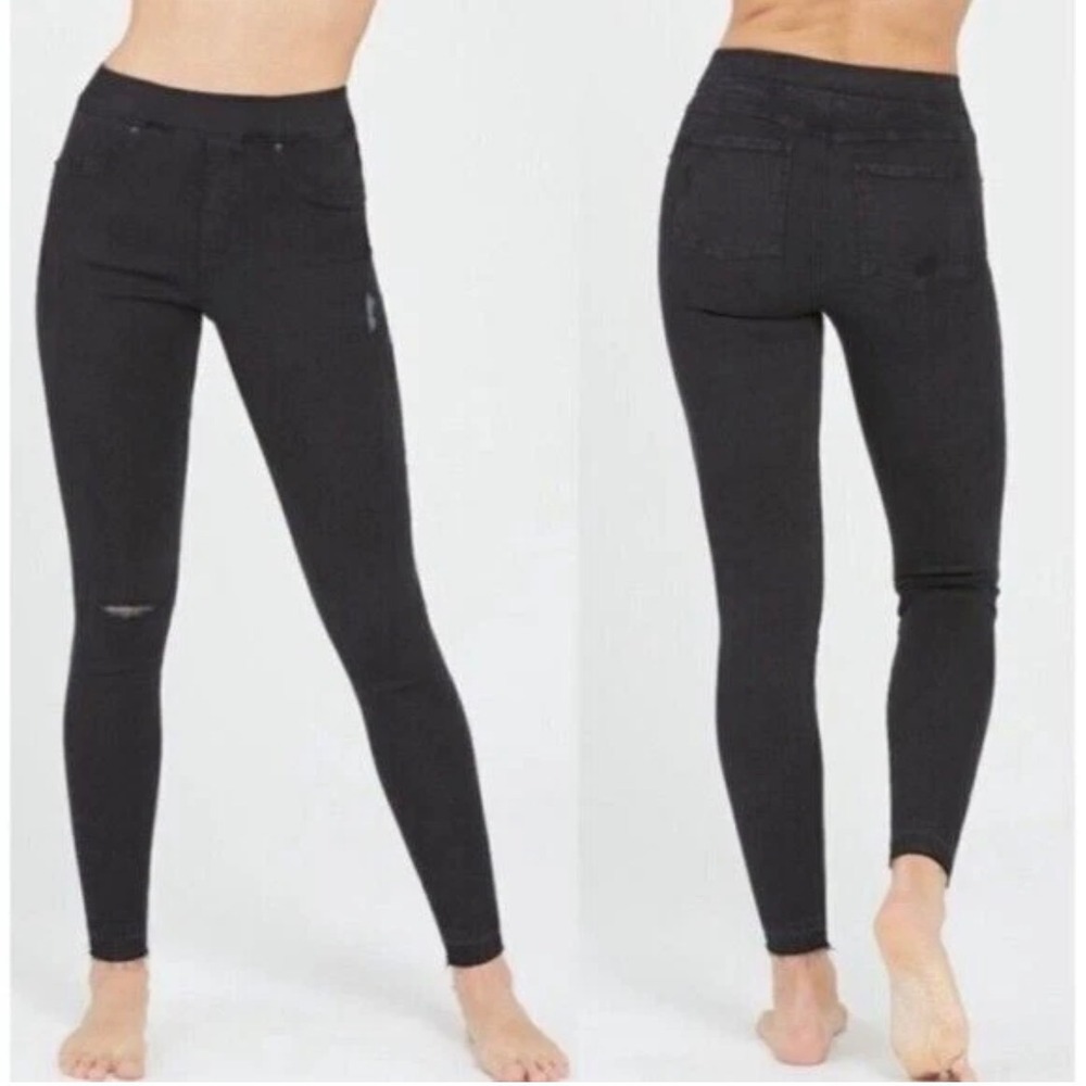 Spanx Jean-ish Leggings Womens XL Black Distressed High Rise Raw Hem Skinny Slim